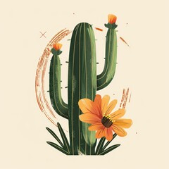 Boho green cactus and desert flower on a cream background, illustration made with Generative Ai