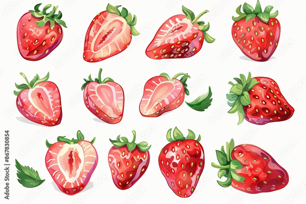 Poster a digital illustration of 12 whole and sliced strawberries isolated on a white background. generativ