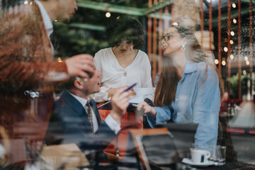 Business professionals gathered in a coffee shop, using technology to brainstorm and strategize for market growth and success. Collaborative environment and teamwork concept.