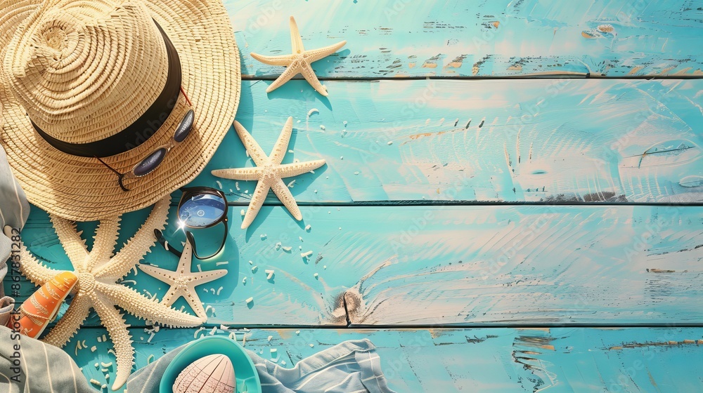 Wall mural A collection of summer beach essentials laid out on a turquoise wooden surface, featuring a straw hat, sunglasses, starfish, and seashells.