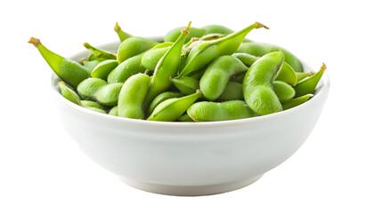  Salted edamame, neatly arranged in a white ceramic bowl,on a transparent background