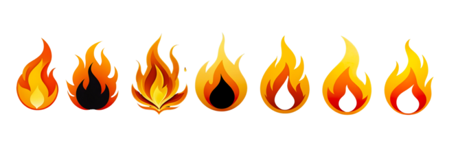 Set of fire flames isolated on transparent background. Generative AI.