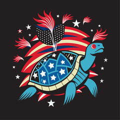 American Flag Theme Independence Day Turtle Vector Illustration