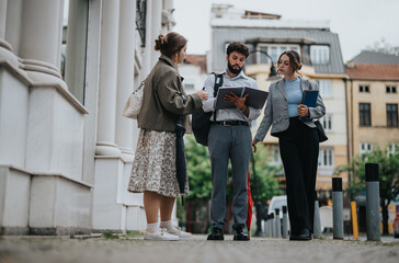 Young business associates strategizing, discussing a new project, and brainstorming ideas during a meeting in a vibrant urban city area.