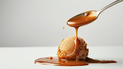 Close-up of a spoon pouring caramel sauce over vanilla ice cream. High-quality food photography showcasing a delicious sweet treat. Perfect for dessert menus or culinary blogs. AI