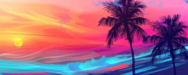 Vibrant sunset with palm trees silhouetted against a colorful sky. Beautiful, serene beach scene. Free copy space for text.
