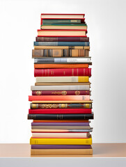 A stack of colorful hardcover books, neatly arranged on a white shelf