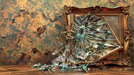 broken mirror lies on a wooden floor, reflecting fragments of its shattered self.