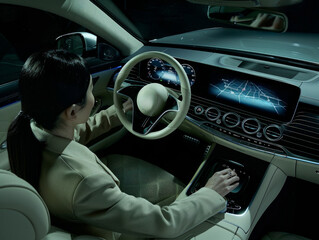 woman with long hair sitting behind a steering wheel inside a car, her hands positioned carefully to navigate the vehicle.