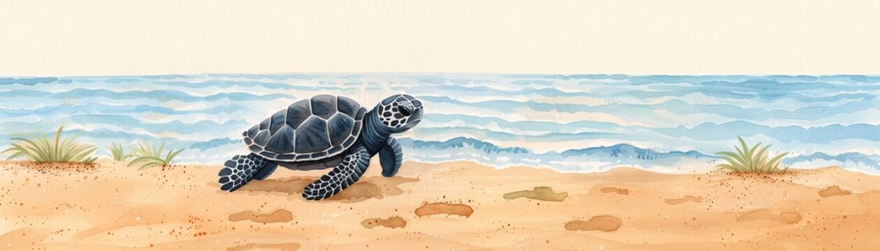 A baby sea turtle hatching from its egg on the beach, Watercolor, Warm hues, Cute