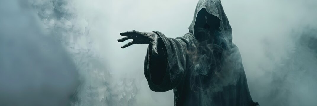 grim reaper - angel of death - hooded figure with ghastly hand reaching 