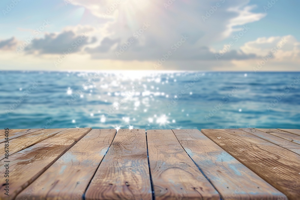 Wall mural A sun-drenched wooden deck reaches out towards a serene ocean, the water sparkling under a clear blue sky dotted with fluffy clouds.