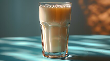 Glass of milk on a teal surface with warm lighting, close-up shot. Refreshing beverage concept