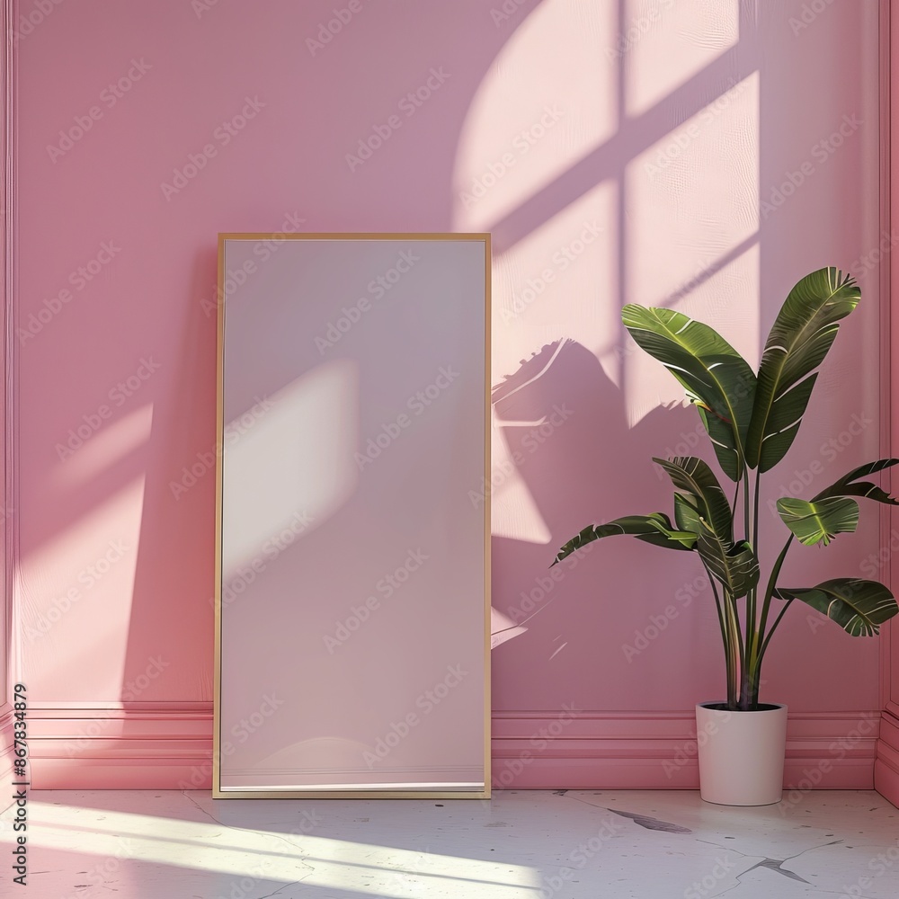 Canvas Prints Elegant minimalist interior design featuring a pink wall, large mirror, and a potted plant, beautifully illuminated by warm, natural sunlight.