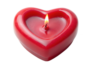 Red Heart Shaped Candle With Flame. A beautiful red candle in the shape of a heart, lit with a small flame, creating a warm and romantic atmosphere. Isolated on transparent background, png.