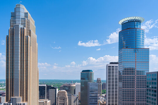 aerial view of office towers and skyscrapers in downtown central minneapolis