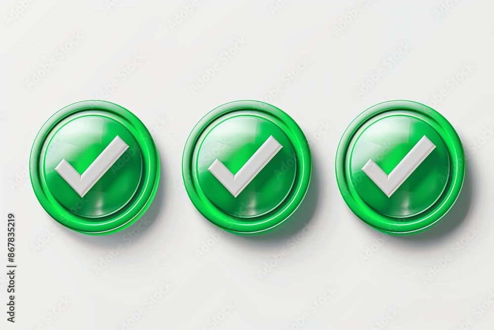Poster three green checkmark buttons on a white background. generative ai