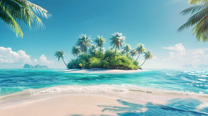 Tropical island with lush palm trees surrounded by turquoise waters and a white sandy beach under a clear blue sky. Ideal for summer vacation and travel designs. Copy space.