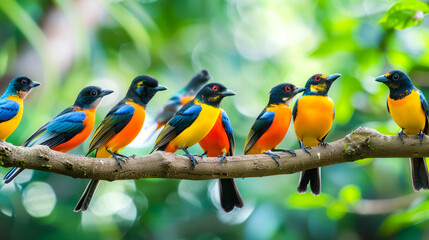 Obraz premium Colorful birds sitting on tree branches. Little colorful birds