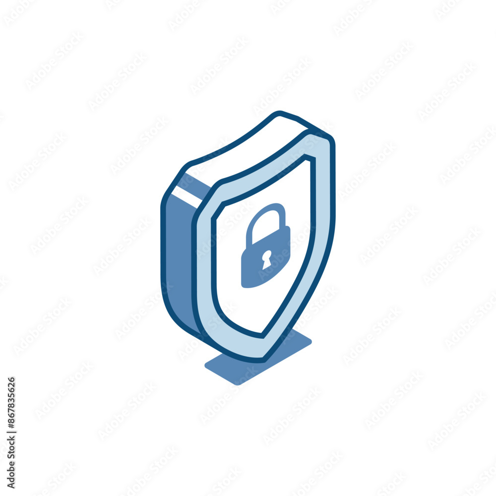 Poster isometric vector linear icon of a shield with a padlock inside, in color on a white background, reli