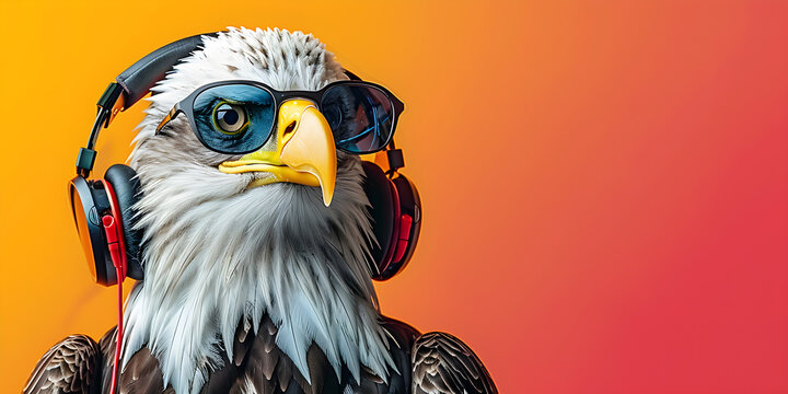 Eagle wearing sunglasses and headphones on a colorful background for a summer music and podcasting concept. Perfect for vibrant, fun, and whimsical designs.