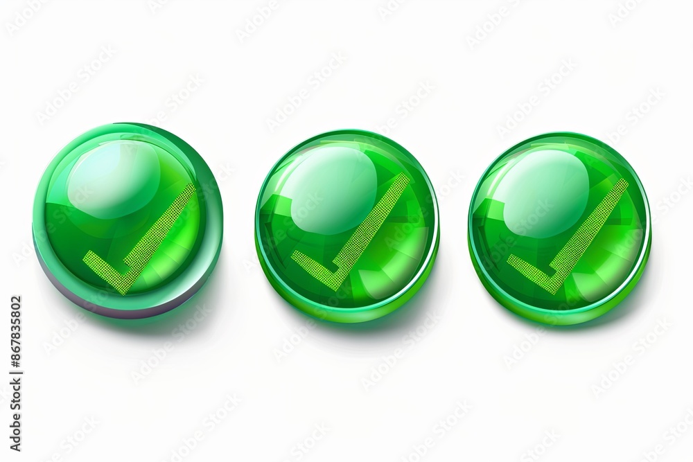 Poster three glossy green checkmark buttons on a white background. each button is a circle with a green che