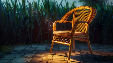 A glowing rattan chair on a patio at twilight with grass in the background. The scene is tranquil and rustic, with a peaceful atmosphere and ample copy space.