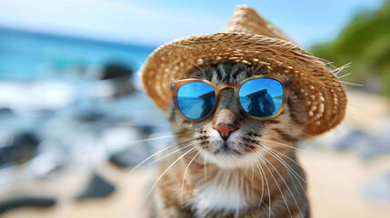 Whimsical photo of a cat in summer straw hat and sunglasses on a sandy beach with blurred coastal background, perfect for summer, vacation, and holiday promotions.