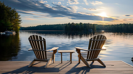 A serene lakeside setting with two wooden chairs on a dock during sunset, offering a peaceful and relaxing atmosphere. Ideal for travel, nature, and relaxation themes, with copy space.