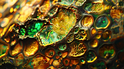 A close up of a green and yellow object with a lot of detail.