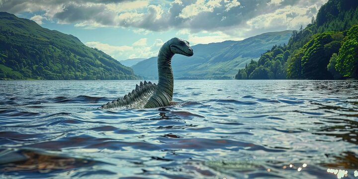 Loch ness monster swimming in the lake
