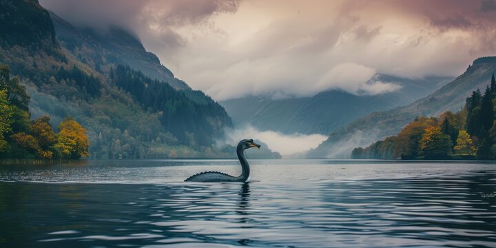 Loch ness monster swimming in the lake