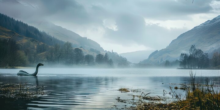 Loch ness monster swimming in the lake