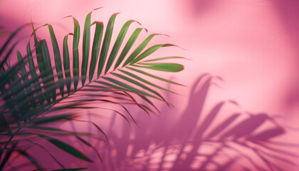 Tropical palm leaves casting shadows on a pink wall background, creating a relaxing and serene summer atmosphere perfect for tropical vacation themes and backgrounds with copy space