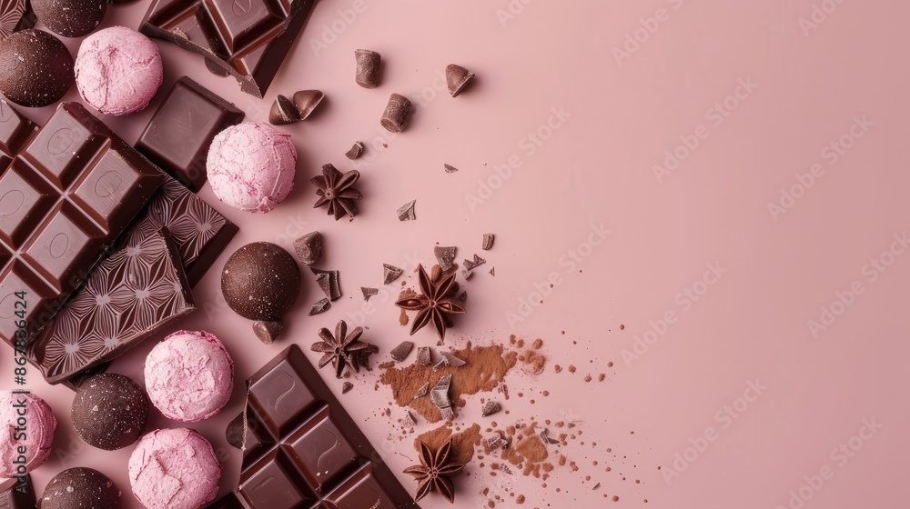 Poster close up of assorted chocolate products on colored background with text space