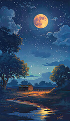 Naklejka premium Illustration of a serene countryside night scene with a full moon, stars, and a calm river reflecting moonlight. Perfect for creating tranquil and nature-themed designs. Copy space included.