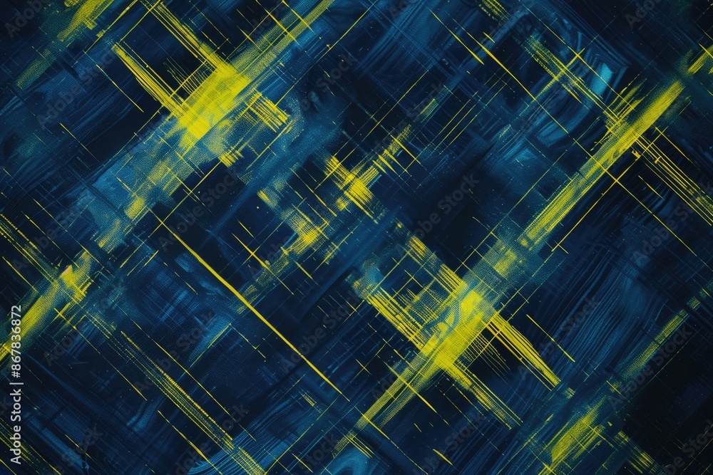 Poster dynamic 3d grid featuring vibrant blue and yellow glowing lines creating a futuristic visual effect.