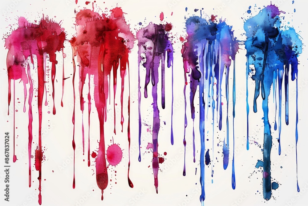 Poster dynamic arrangement of colorful paint drips cascading down a pristine white wall, creating a mesmeri