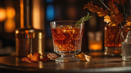 Fototapeta premium crystal glass with a delicious cocktail on a stand in a bar, 
