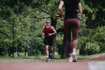 Active young man and woman running on a park path surrounded by trees, demonstrating a fit lifestyle and companionship.