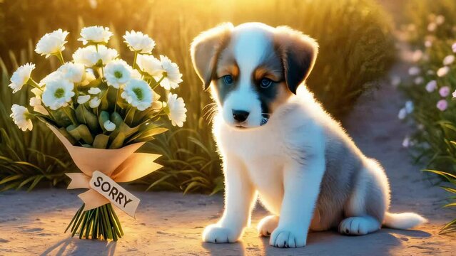 A cute touching dog asks for forgiveness and an apology. A charming dog with a sign SORRY
