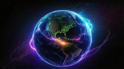spherical image of planet Earth on a black background with glowing neon lightning and pale energy flow with telecommunication connections,