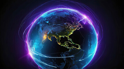 spherical image of planet Earth on a black background with glowing neon lightning and pale energy flow with telecommunication connections,