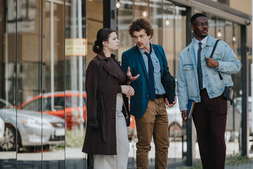 Three diverse professionals engaged in a serious business discussion on a city street outside a...
