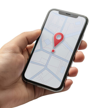 Hand holding a smartphone displaying a map with a red location pin. Concept of navigation, directions, and GPS technology.
