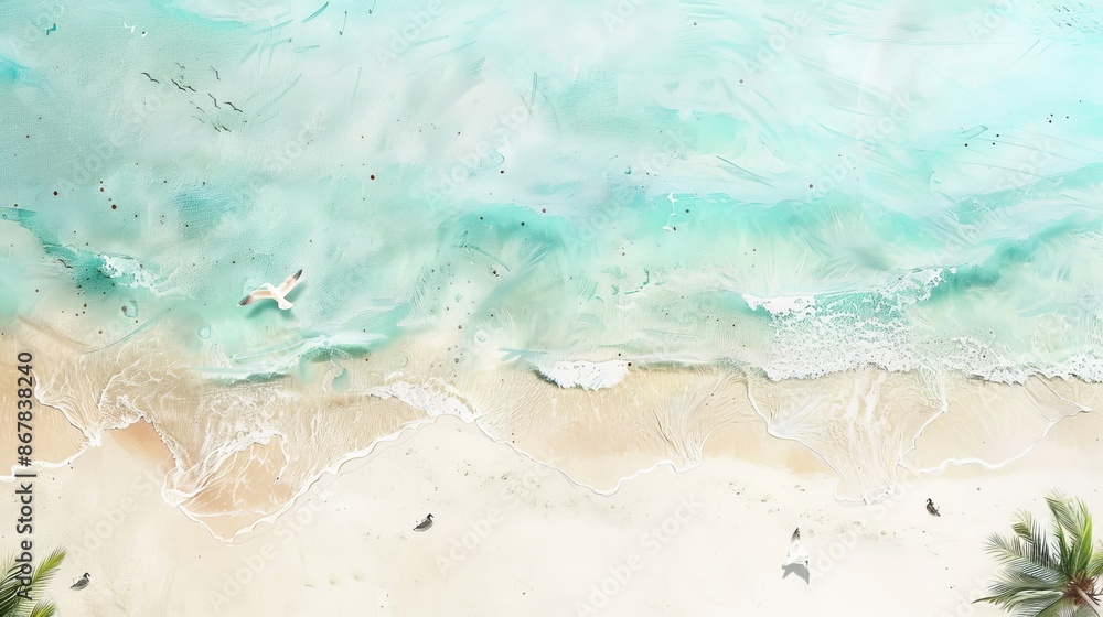 Wall mural Top-down view of a beautiful beach with soft white sand meeting the clear turquoise waves of the ocean, creating a serene tropical paradise.