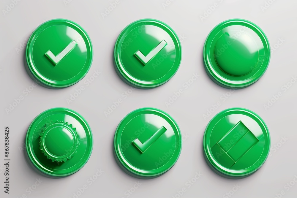 Poster six circular green buttons with different icons, including checkmarks, a knob, and a rectangle, are 