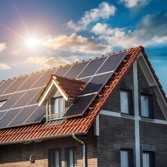 Fototapeta premium A close up of homes with solar panels on the roof under a bright sunlight.