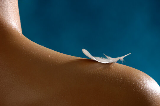 White Feather on a Woman's Bare Shoulder