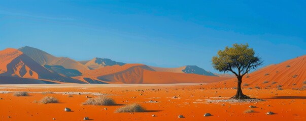 Solitary tree in the desert with red sand dunes, sunny day. Serenity and isolation concept